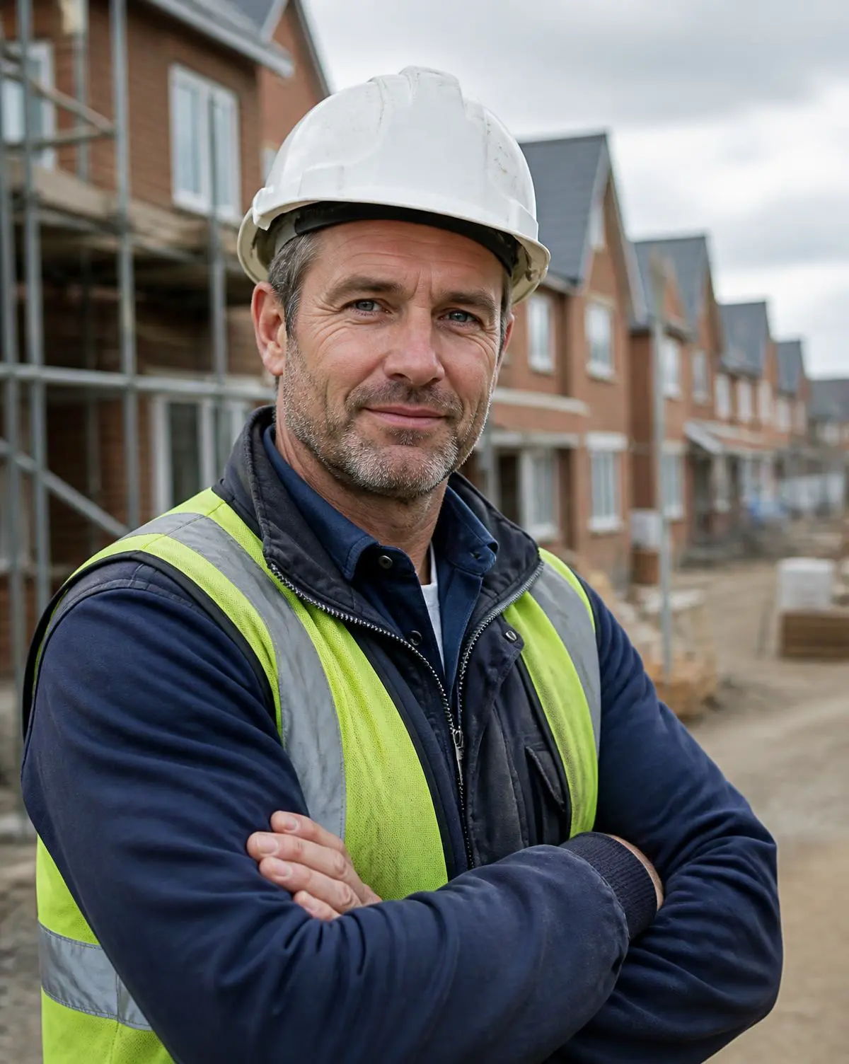 Markus Field in a hard hat and hi-vis vest on a UK building site