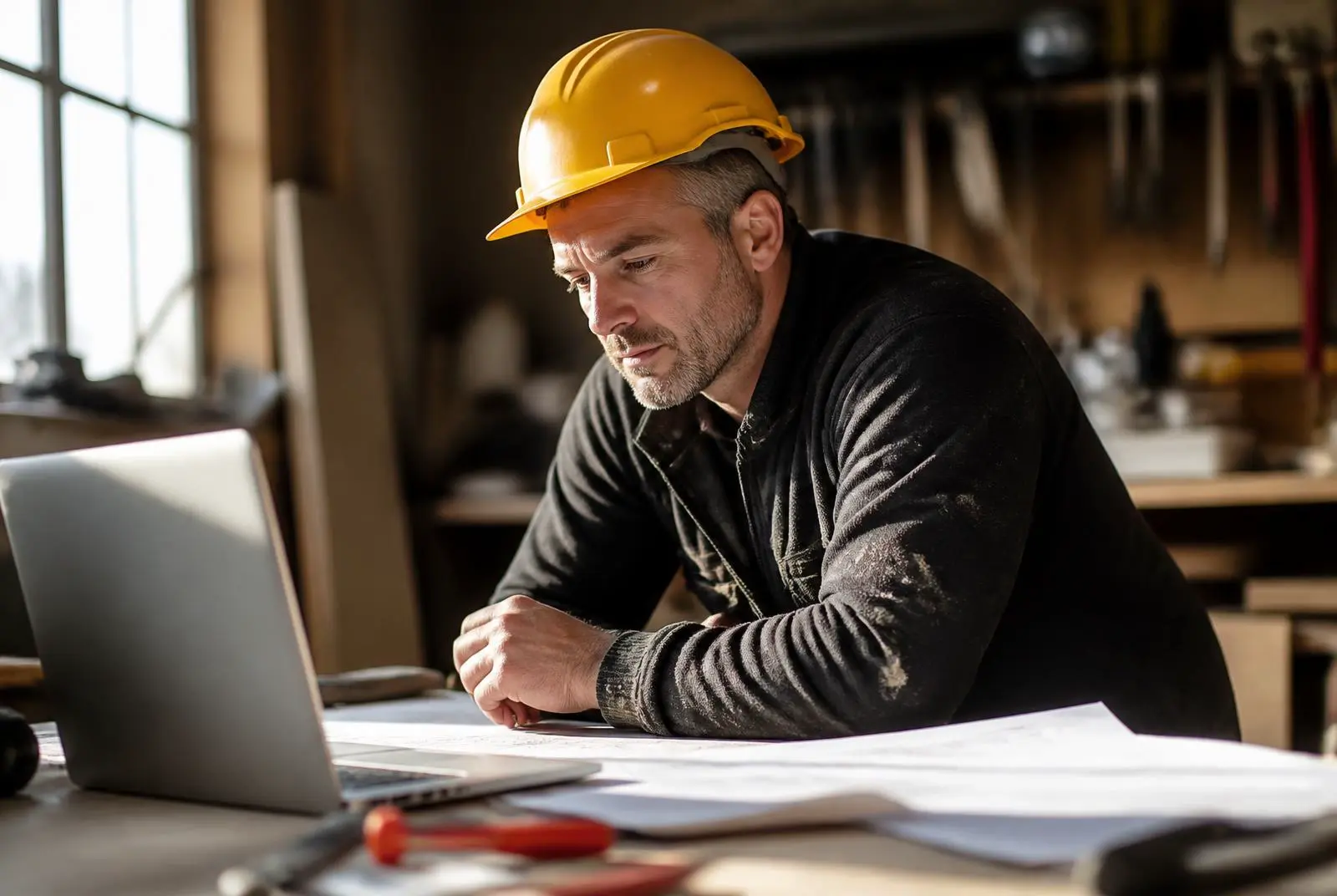 Markus Field in a yellow hard hat checking job paperwork and a laptop at a workshop bench